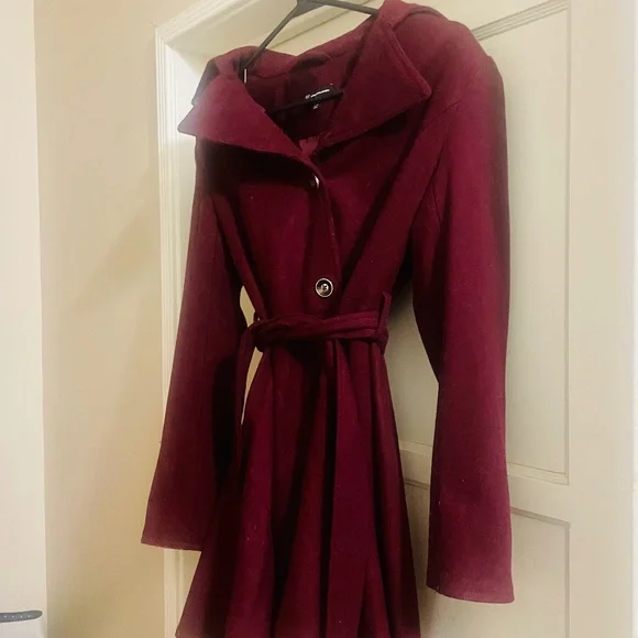 INC International Concepts Burgundy Wool-Blend Skirted Belted Peacoat - Picture 1 of 1